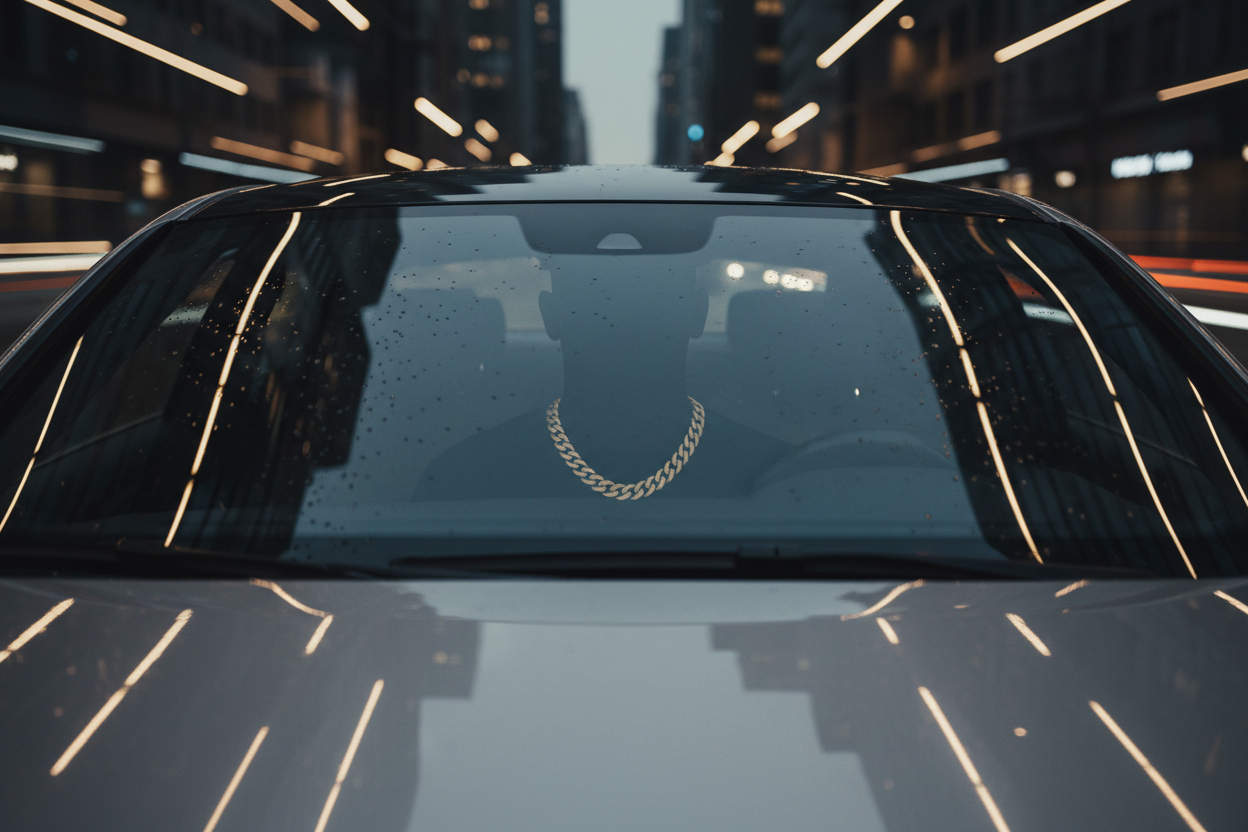 A man wearing a chain reflecting on the windscreen of a car