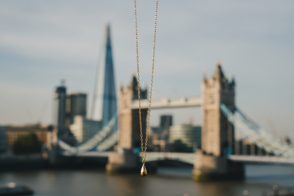 chain dangling infront of the London city skyline