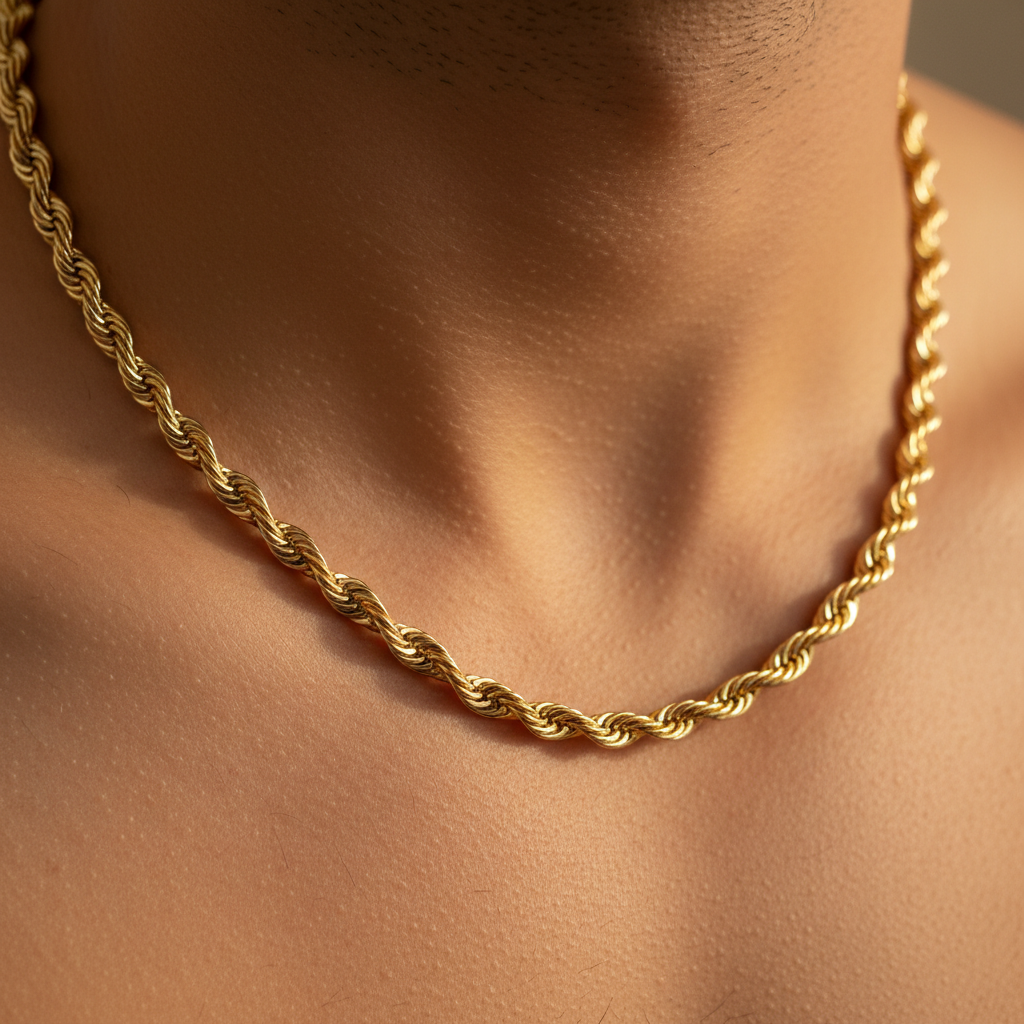 Close-up of gold rope chain resting naturally on skin, warm light a man
2048x2048