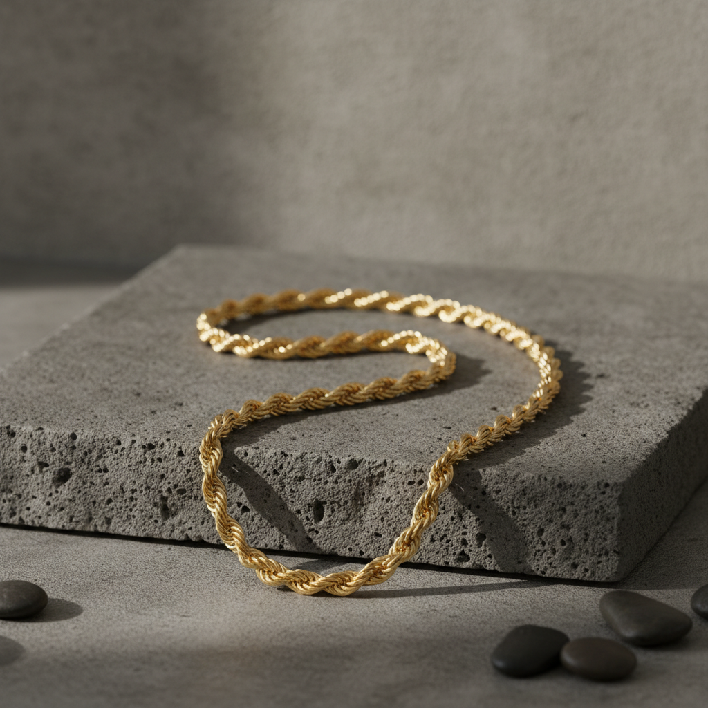 gold rope Chain resting on stone or concrete, minimal composition
2048x2048