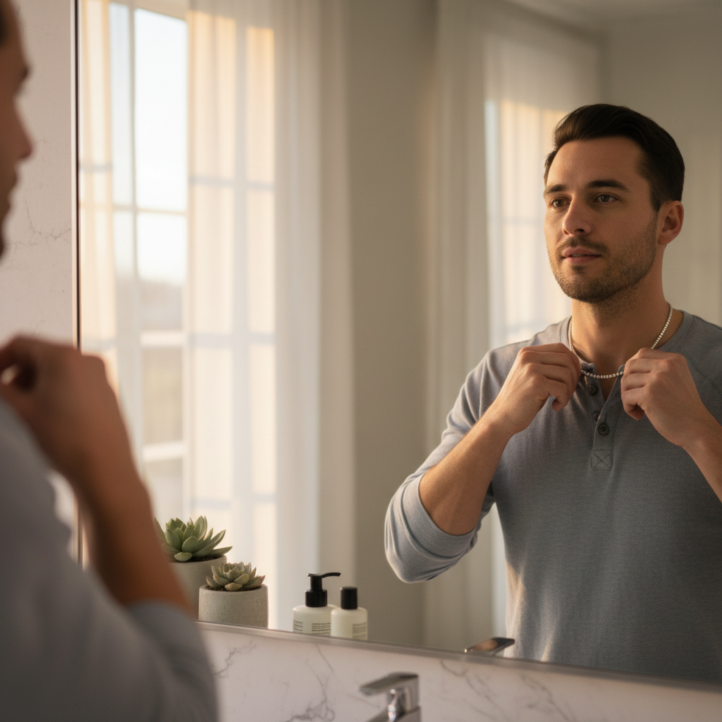 Man adjusting silver tennis chain in mirror, casual morning light
2048x2048