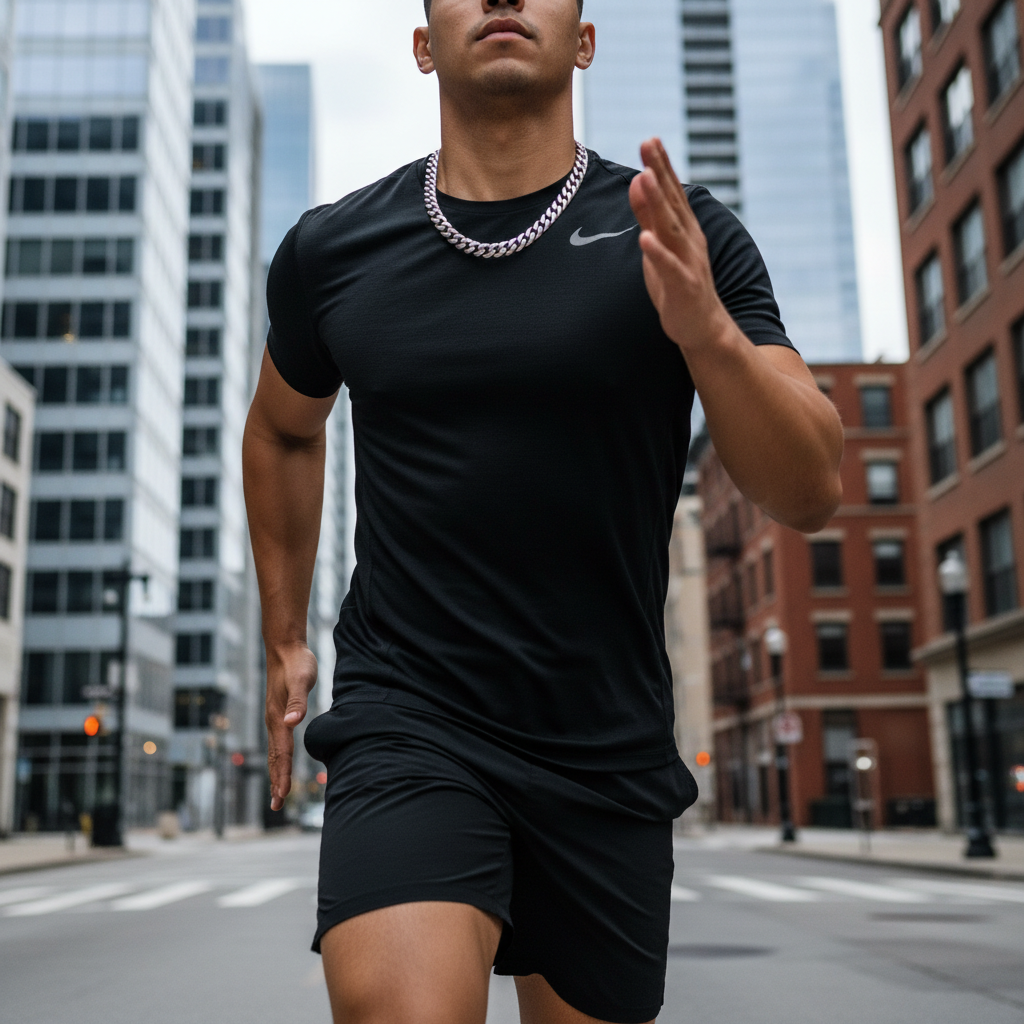 Man wearing silver cuban chain neck down
2048x2048
running in a city is the scene