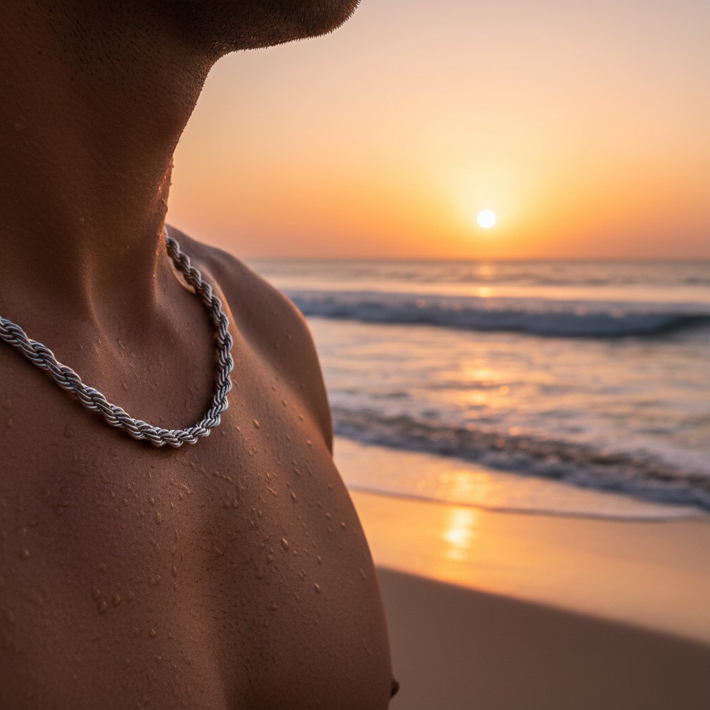 man wearing silver rope chain, below neck
Sunset beach background
2048x2048
